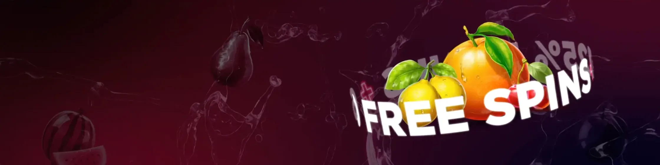 Fruits4Real free spins banner met sinaasappel en citroenen op wijnrode achtergrond
